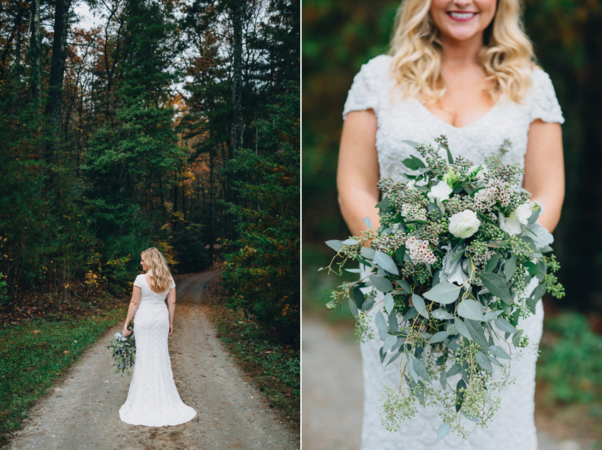 Rustic bride in the mountains with a beautiful beaded dress and lush natural bouquet with wildflowers and greenery