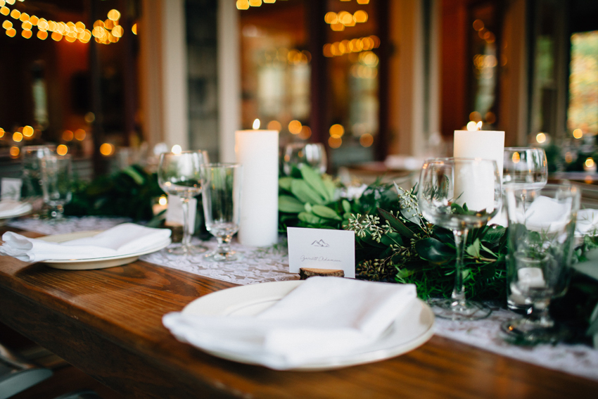 Rustic and romantic outdoor wedding reception details for a fall mountain wedding