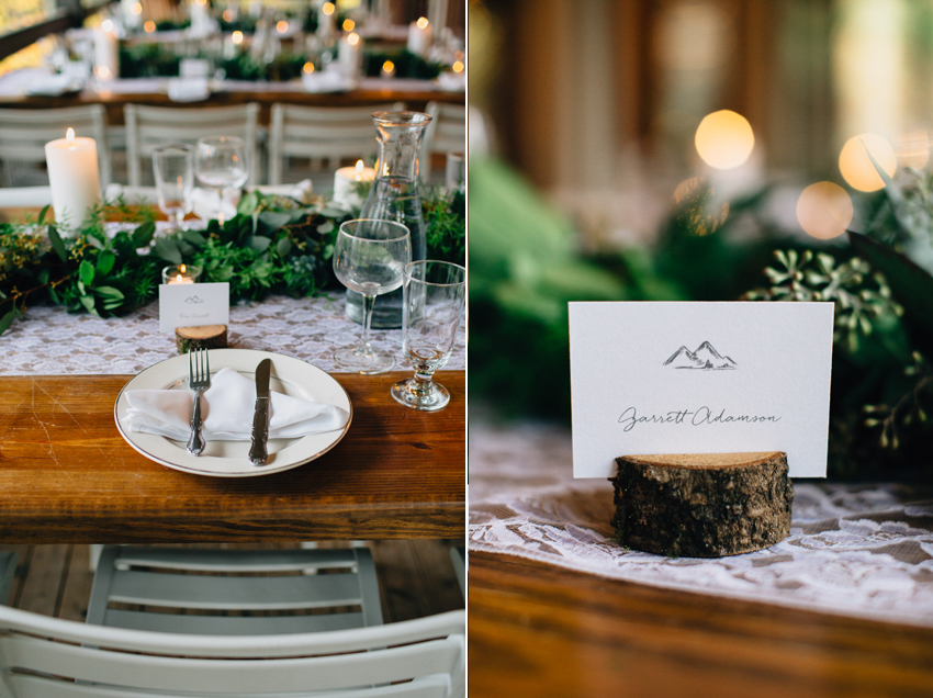 Rustic romantic garland centerpeices with log wooden placecards