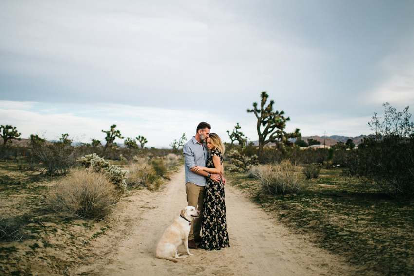 Creative engagement session at sunset with a dog in California
