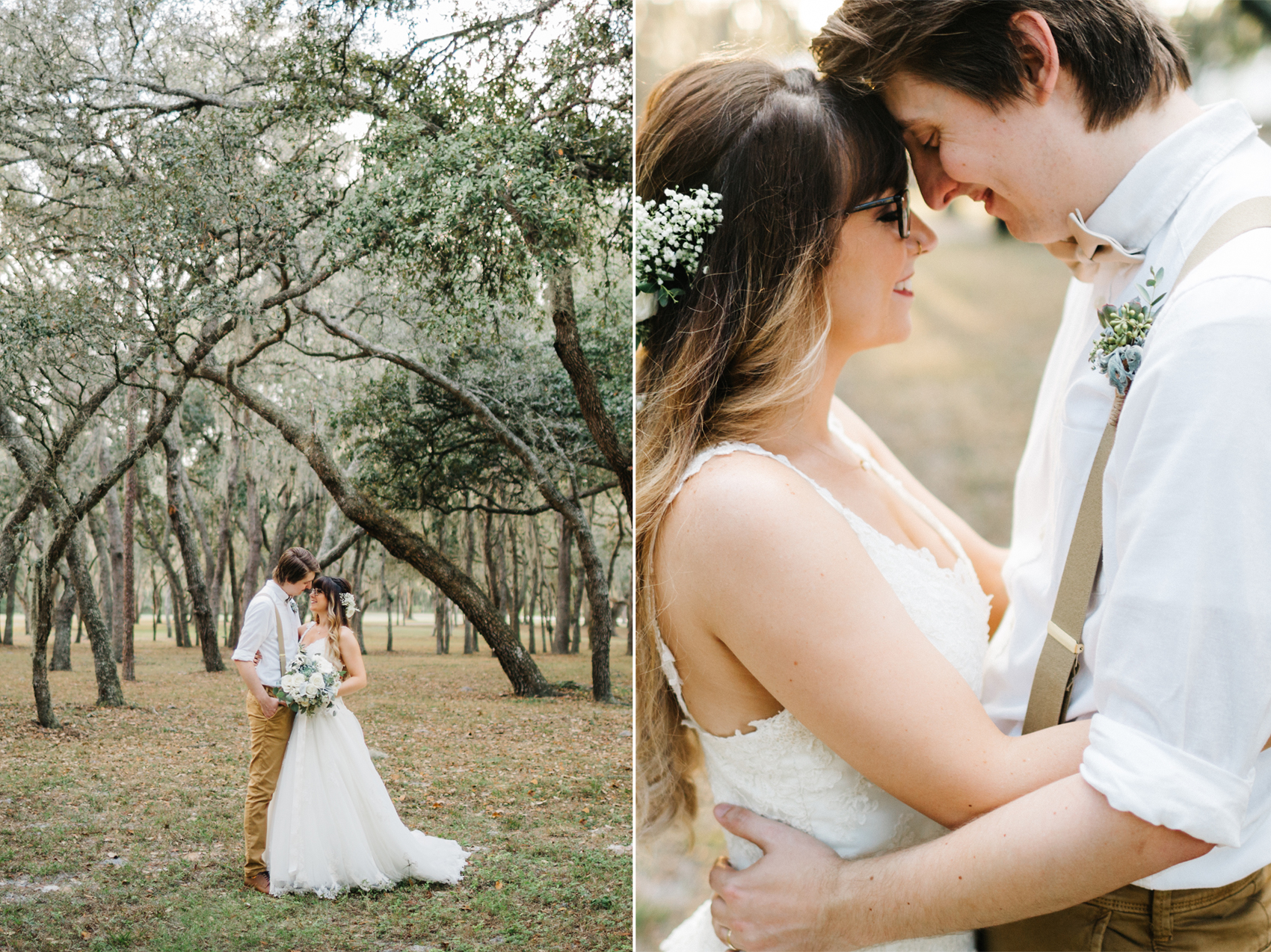 Woodsy Boho Wedding at The Lange Farm under the oak trees and a barn reception with twinkle lights