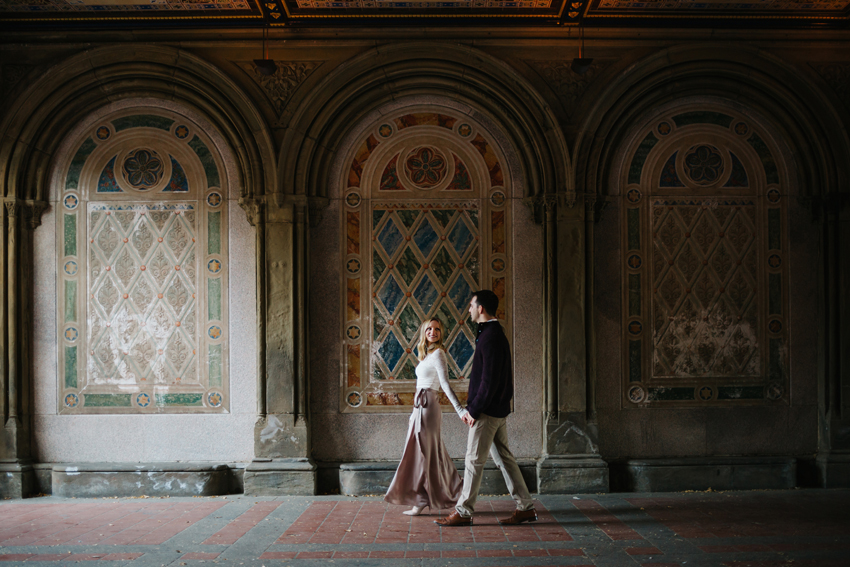 Casual, romantic engagement photos at Bethesda Terrace by New York City wedding photographer