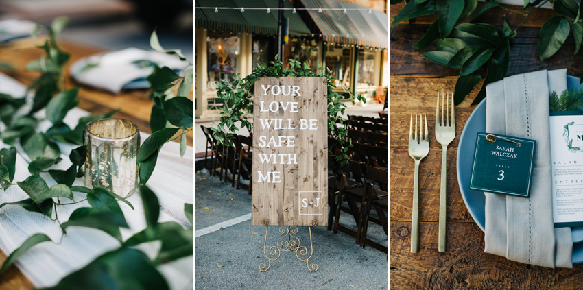 Customized wood sign with song lyric for wedding reception and a photo of a placesetting with gold flatware and a fern