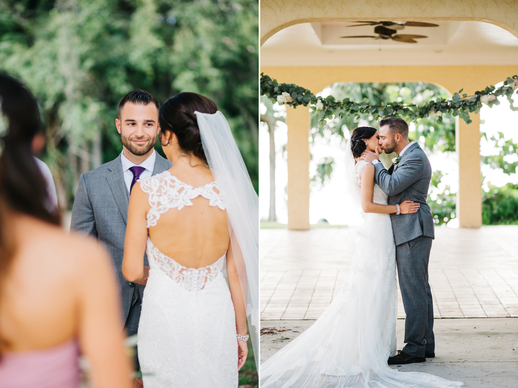 Exchanging vows and the first kiss under the greenery garland arch at the Powel Crosley Estate