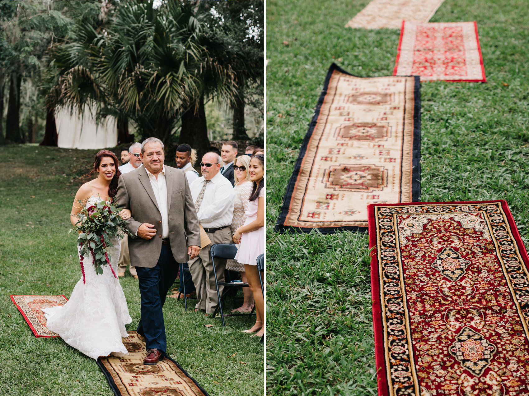 boho wedding ceremony with vintage rugs used for aisle runner