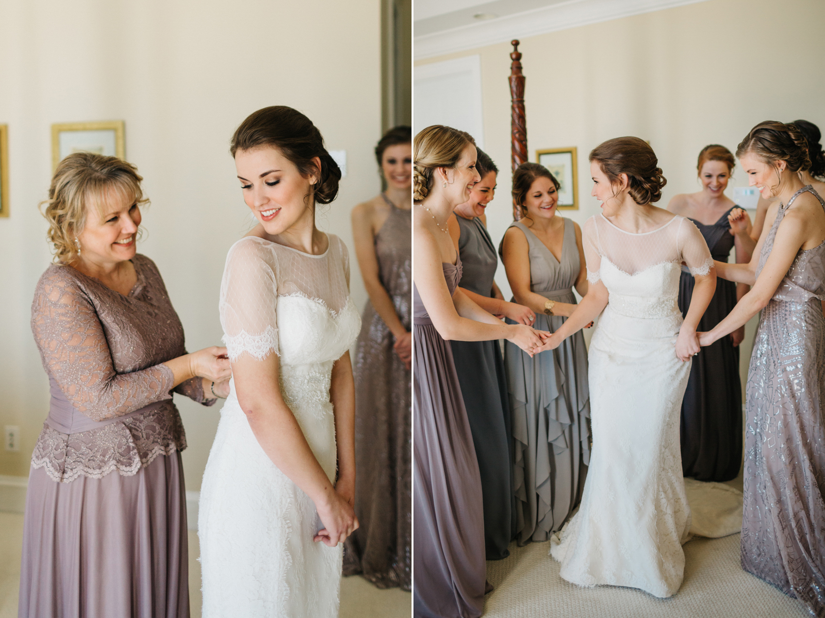 bridesmaids wearing mismatch lavendar dresses while they helpthe bride get ready for the first look in the garden