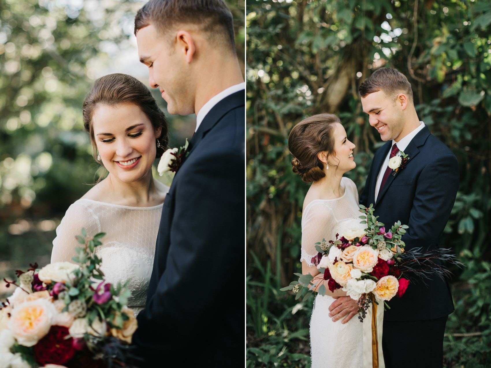 The bride and groom share a first look in the garden before the Vero beach wedding ceremony