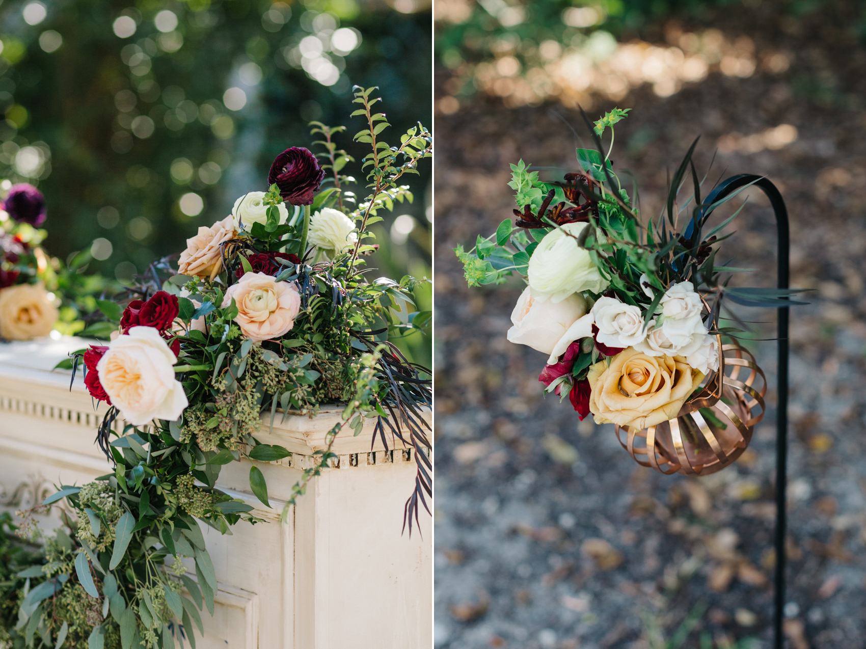 Floral details on the vintage mantle featuring lush peach and burgundy peonies and garden roses