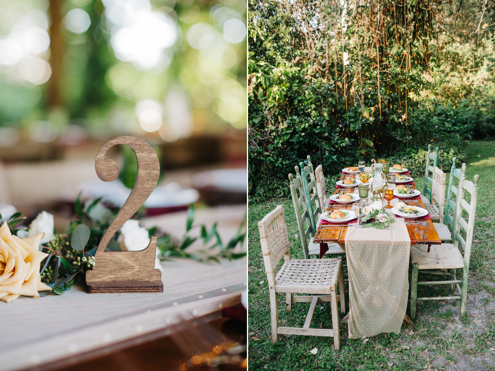 Wood table numbers, mismtached chairs, and wood farm table with mismatched woodland centerpieces by Orlando wedding photographer for outdoor garden wedding