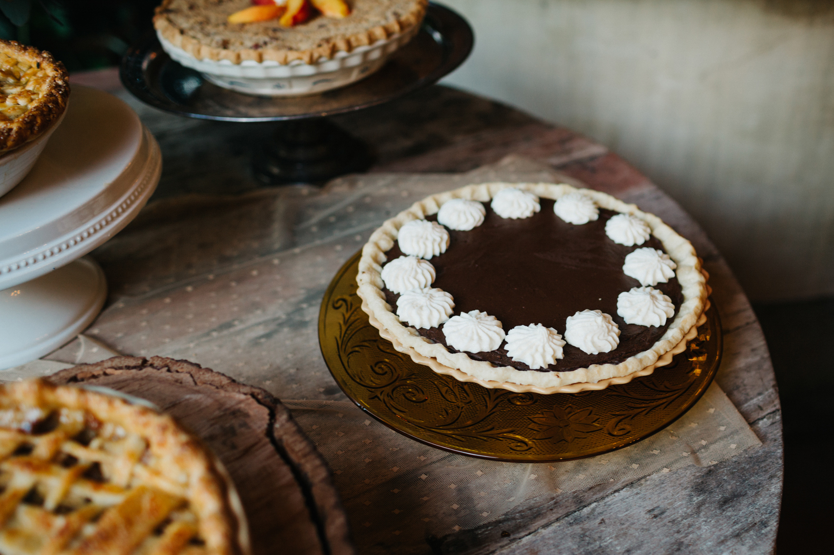 French silk pie by J’aime Cakes for eclectic vintage wedding at Waldo's Secret Garden