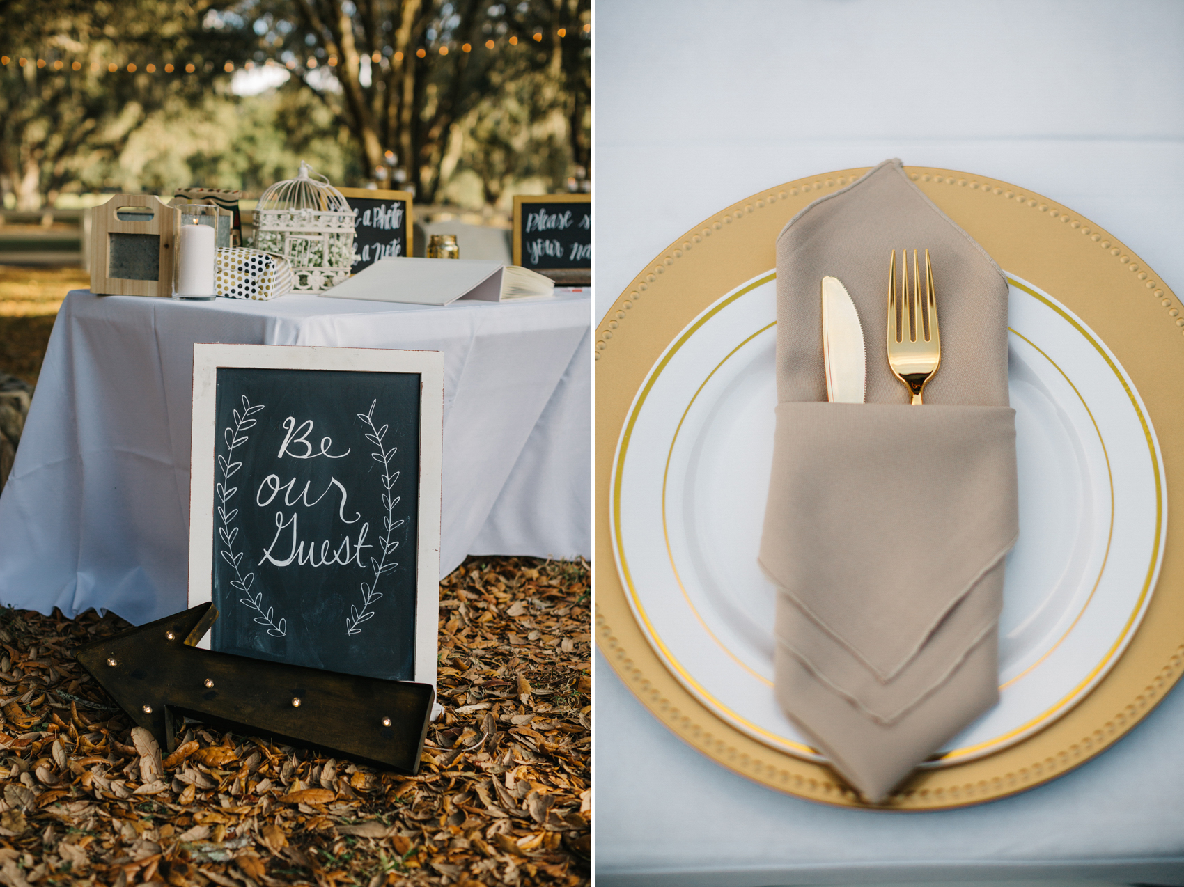 rustic chalkboard, gold flatware, and vintage decor for outdoor wedding at the Lange farm