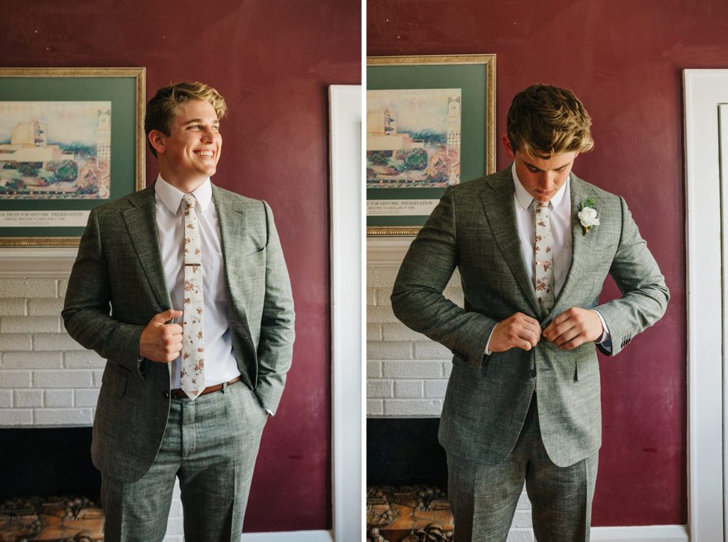 groom wearing grey fitted suit and floral skinny tie