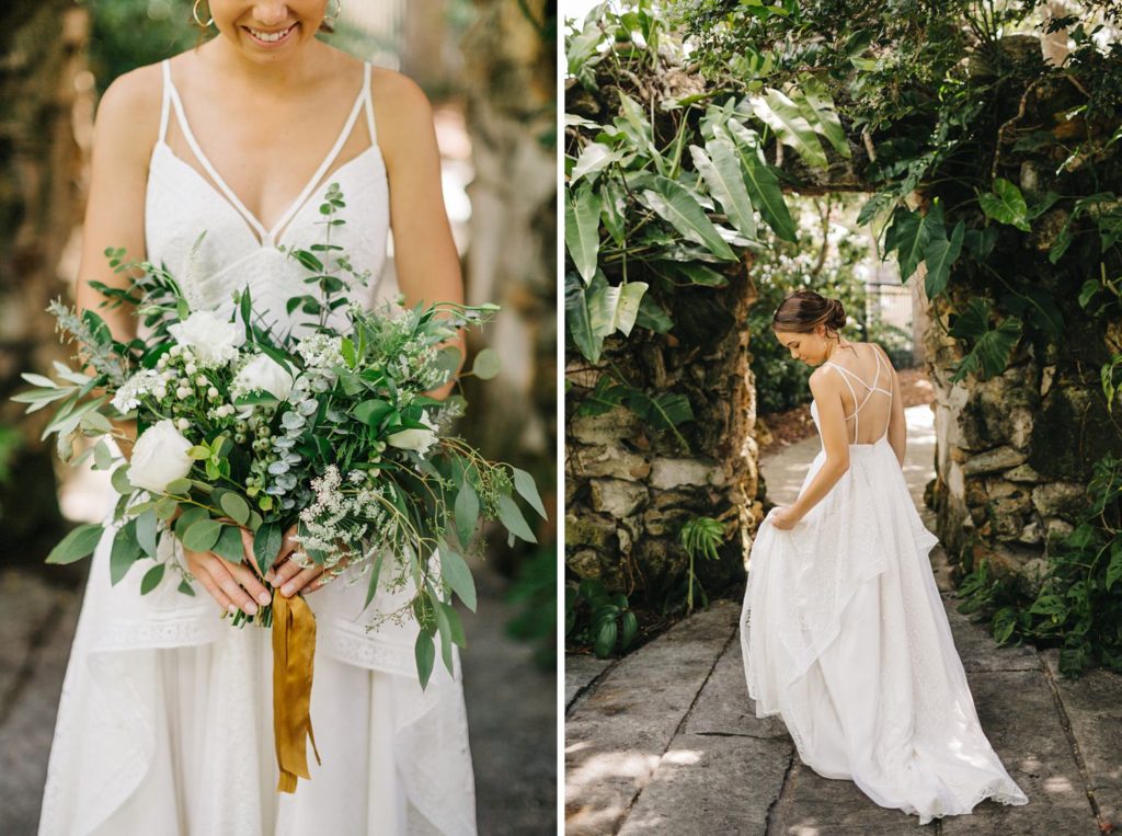 bride wearing miss hayley paige with a lush organic bouquet of greenery for haur 820 wedding in lakeland