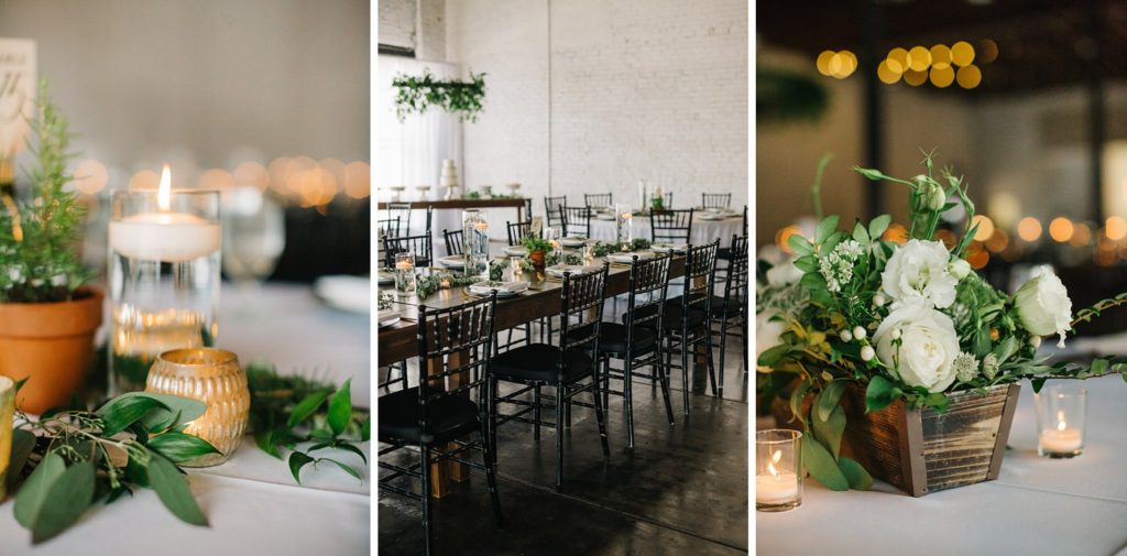 industrial wedding with greenery and white brick wall