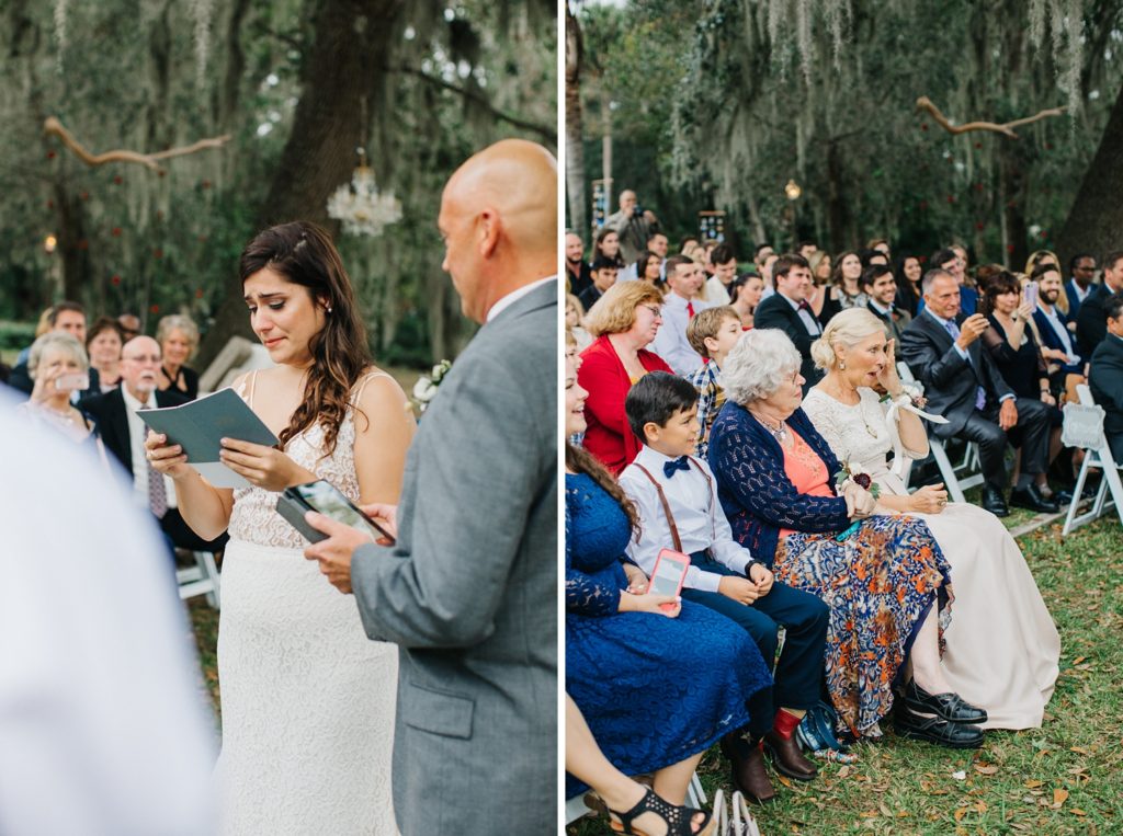 Bride reading her vows and tearing up