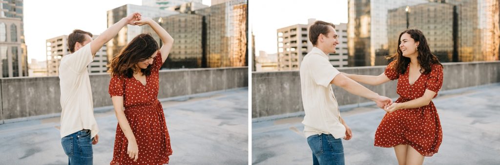 Fun, candid engagement photos of couple dancing