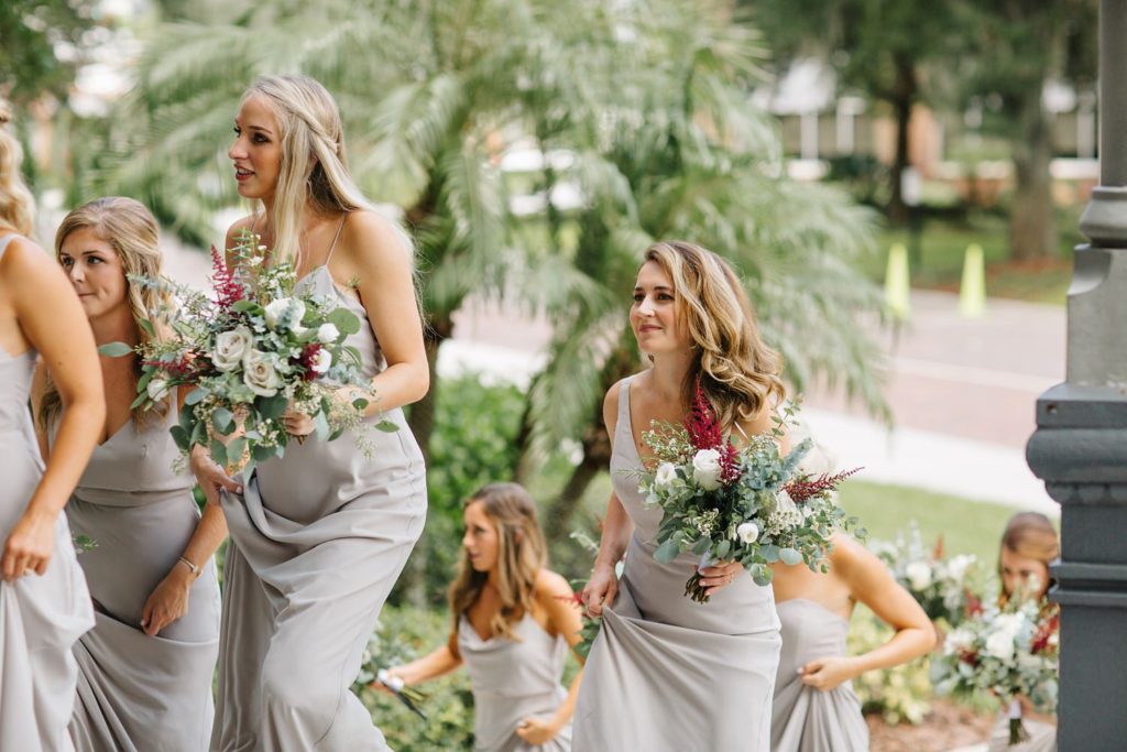 bridesmaids wearing grey jenny yoo dresses