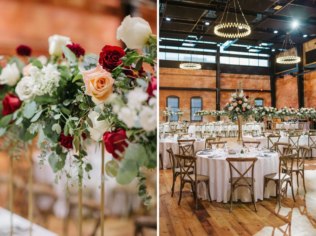 Lush blooms and floral decor for modern wedding at Armature Works
