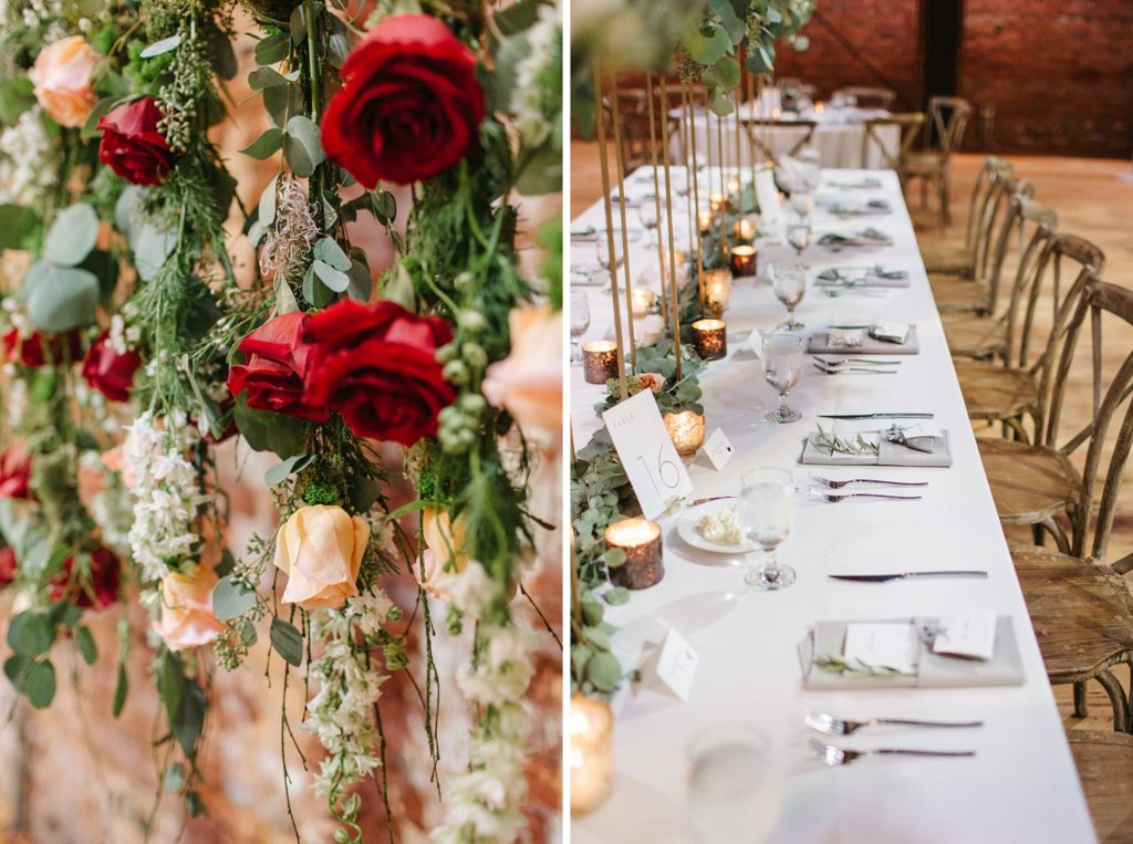 Hanging floral backdrop for Tampa wedding at Armature Works