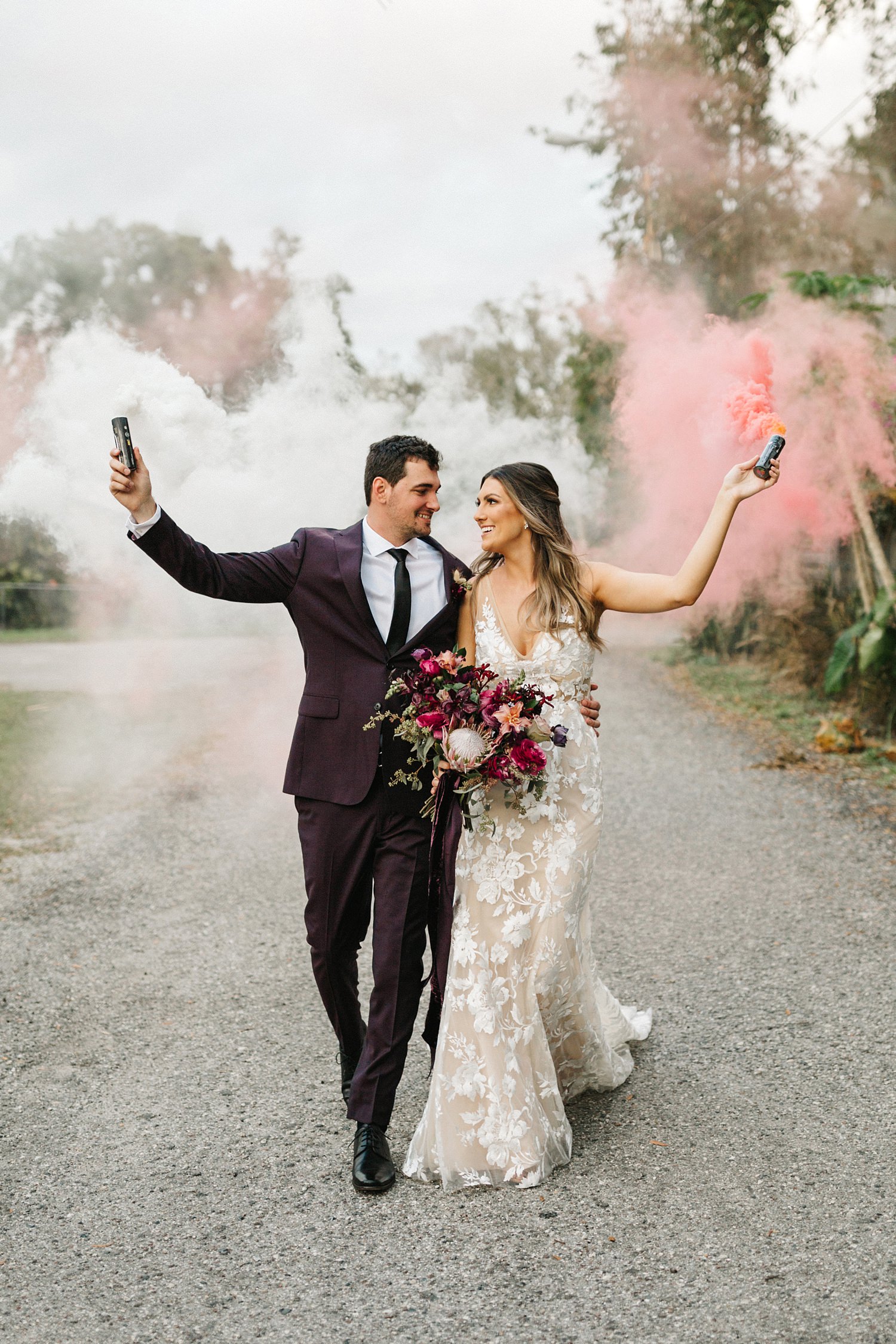 Orlando wedding photography with smokebombs for a boho outdoor wedding at The Acre