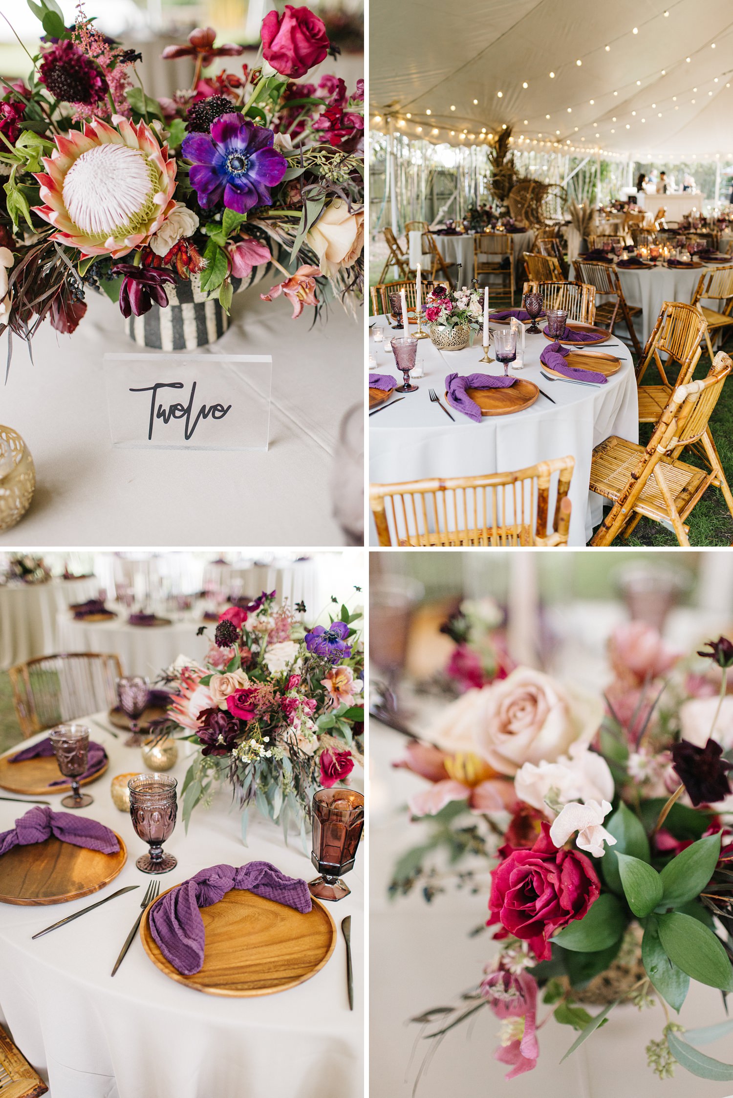 custom acrylic table numbers, wood chargers, and purple glassware for a boho reception at The Acre