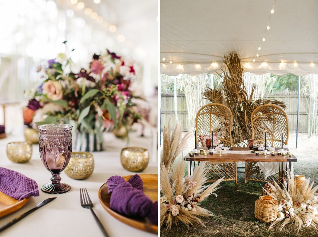 boho sweetheart table with pampas grass for a wedding at the acre