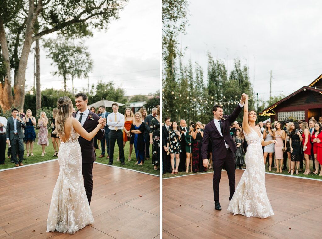 the first dance outside under the twinkle lights