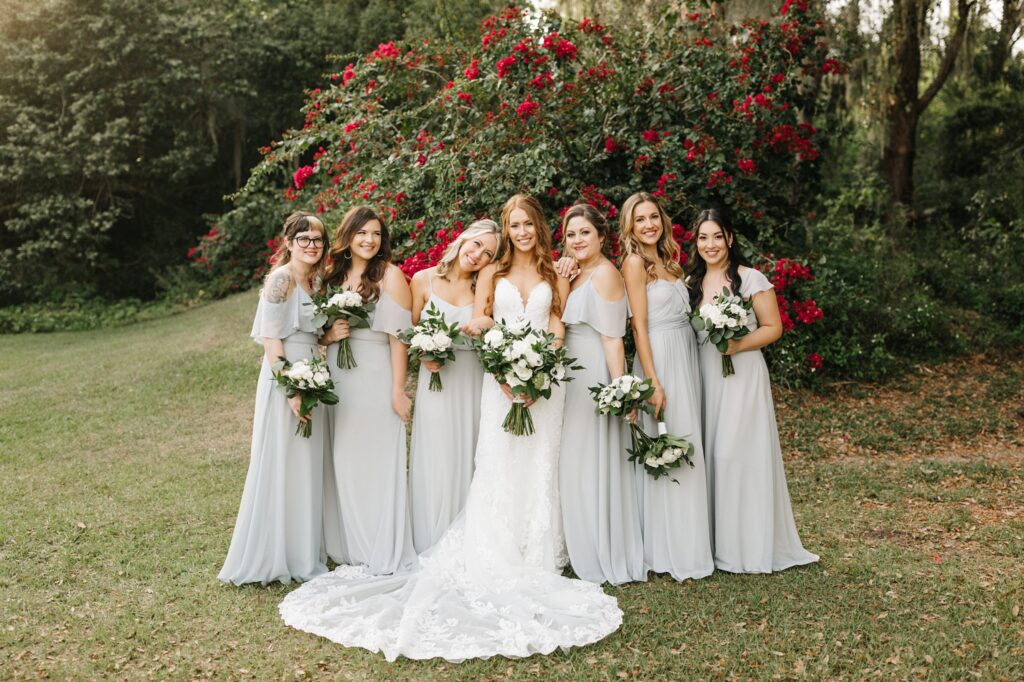 romantic bridesmaid photos wearing birdie grey dresses
