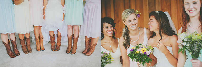 Bridesmaids in cowboy boots at rustic wedding at Sweetfields Farm