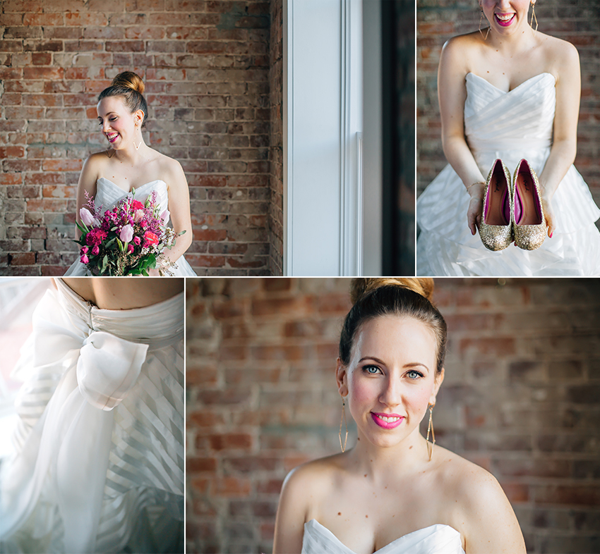 Beautiful bride in striped haley paige wedding gown and gold glitter heels