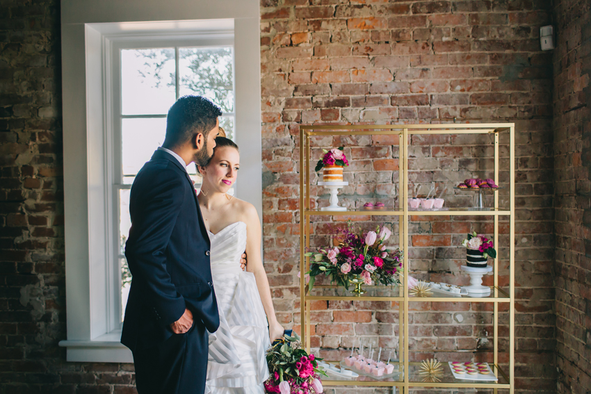 Modern dessert table for pink and gold downtown Tampa wedding