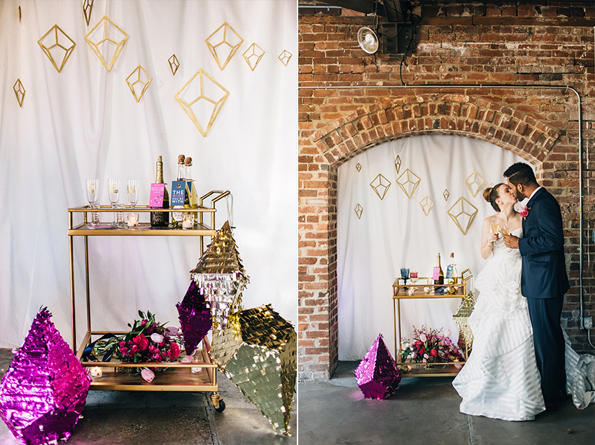Styled bar cart for geometric modern wedding in Ybor City