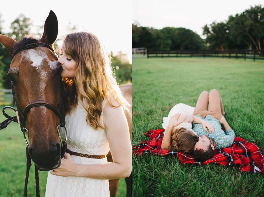 Natural light sunset engagement session photos on a rustic farm