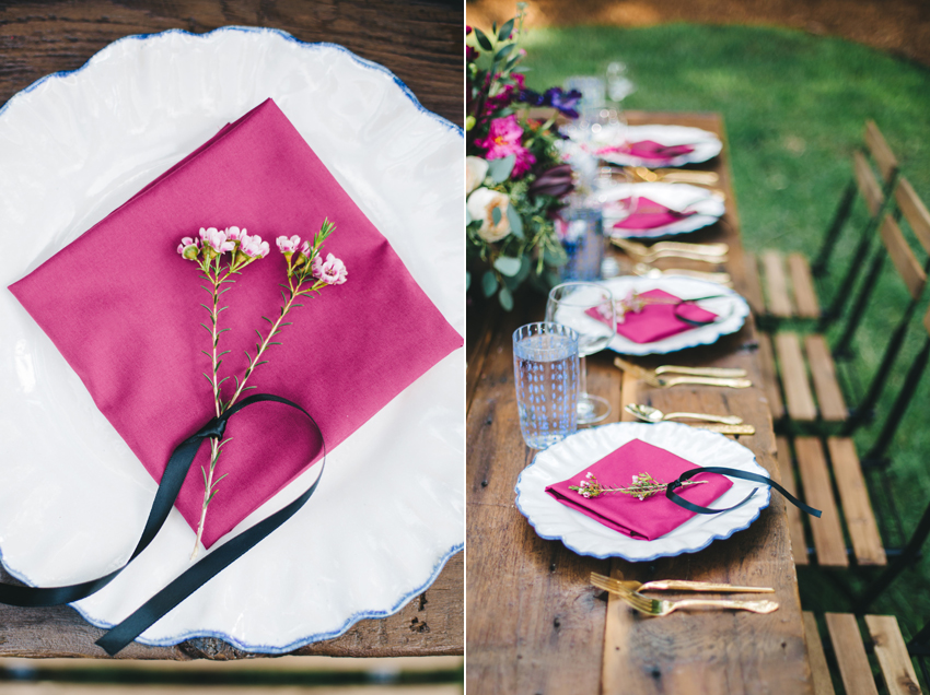berry themed wedding tablescape with gold flatware and anthropologie chargers