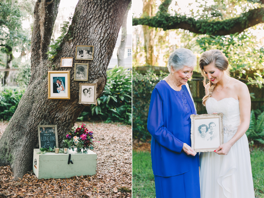 vintage picture frames on a tree with old wedding photos