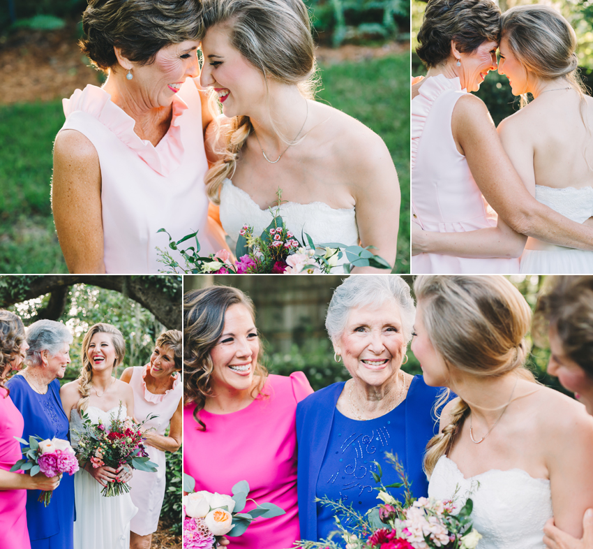 mother of the bride in a stylish light pink dress laughing and hugging
