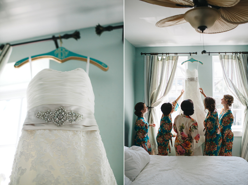 bride with her bridesmaids wearing pretty floral robes