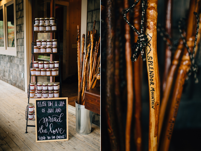 Rustic wedding favors and hiking sticks for a mountain wedding