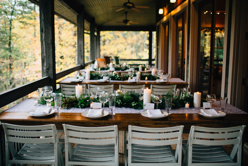 Rustic outdoor wedding reception details in the mountains