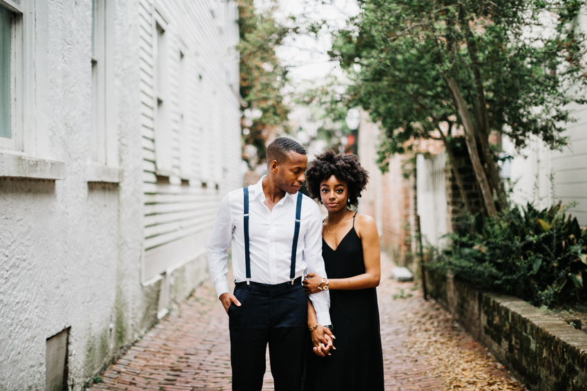romantic engagement session downtown with a stylish couple