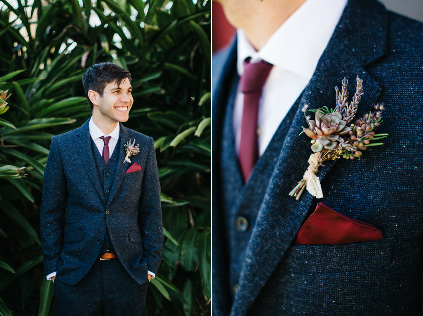 Groom wearing charcoal grey Asos fitted suit for his handmade wedding at The Acre