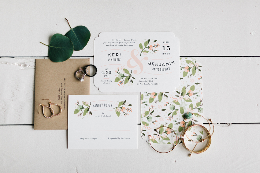 Shabby chic wedding details and invitation for St. Pete wedding