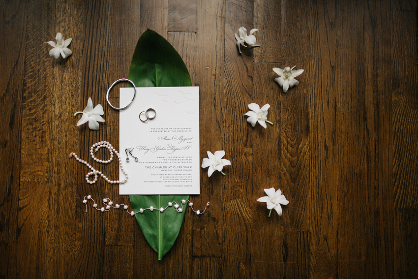 White letterpress wedding invitation for a intimate wedding along the coast in Newport Rhode Island