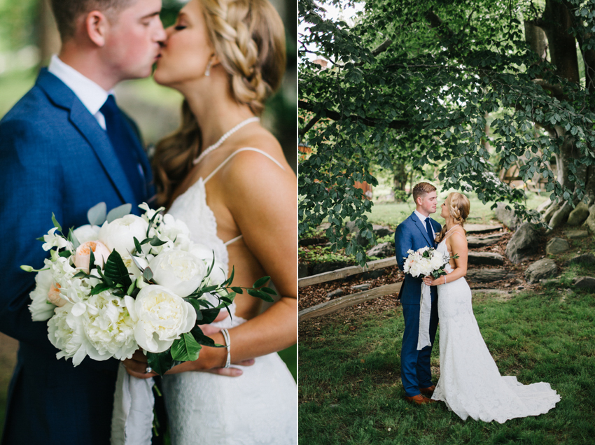 Sweet natural light wedding photography in the garden in Newport with the bride's lush peony bouquet wrapped in frou frou chic ribbon