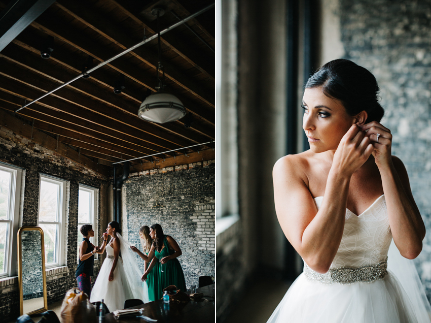 bride getting touchups before the first look in downtown Tampa at the Oxford Exchange