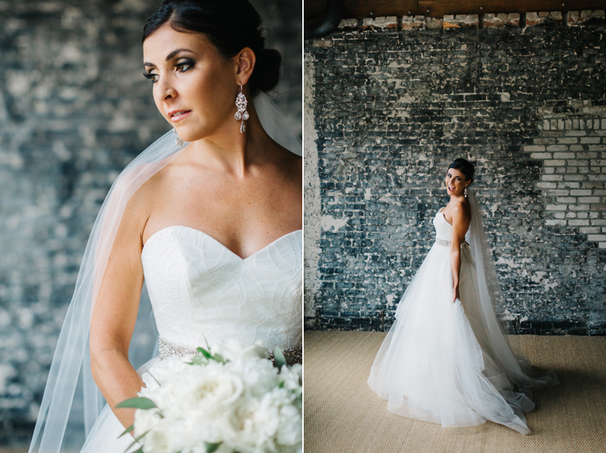 Natural light wedding photos in an industrial wedding venue with exposed brick walls in Tampa