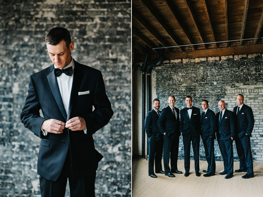 Groom and groomsmen gettign ready for a industrial wedding at the Oxford Exchange