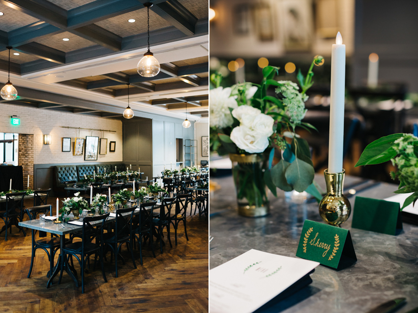 Industrial classic creative wedding details with greenery and candlelight at the Oxford Exchange