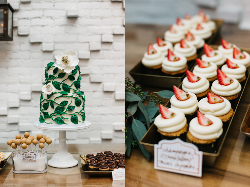 Beautiful dessert table with mini cupcakes and a green ivy wedding cake by Chocolate Pi in Tampa