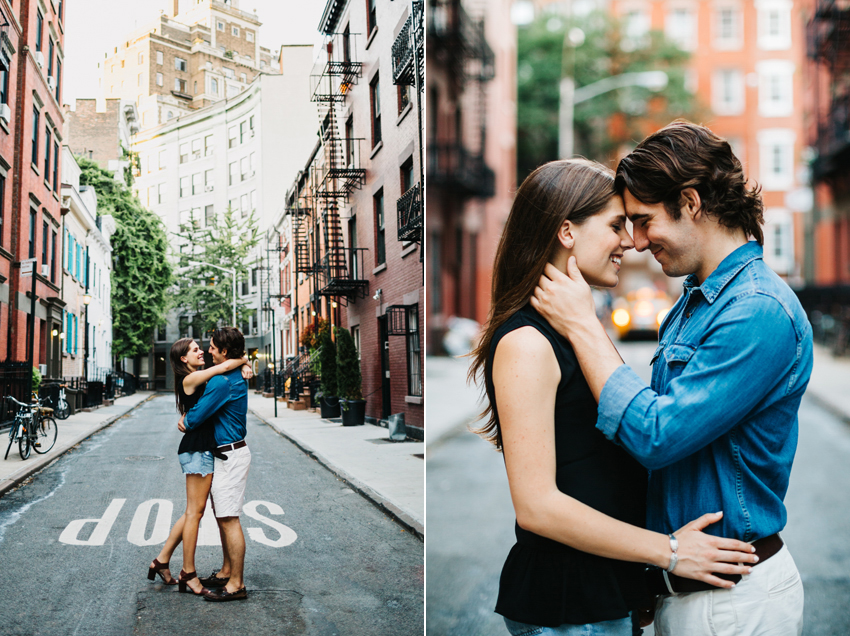 casual stylish engagement photo in the street in the west village of new york city